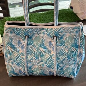Blue Tropical Palm-Print Tote with Rope Handles